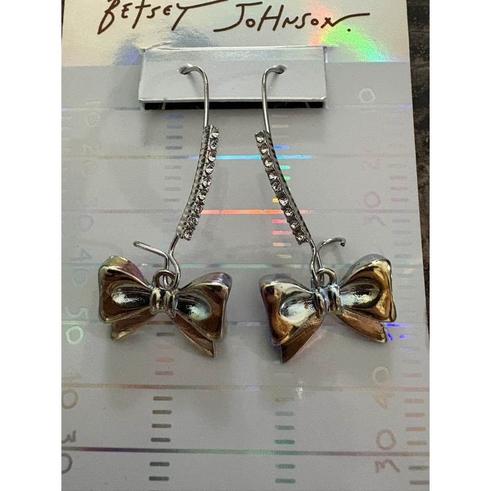 Betsey Johnson Pave Crystal Bow Dangle Earrings Silver NWT